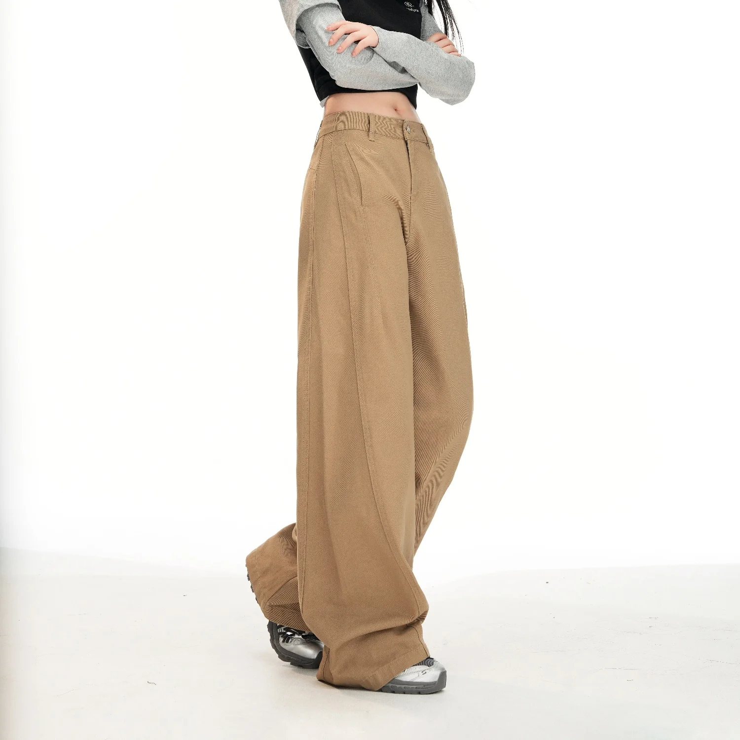 Khaki Women's Straight Leg Wide Leg Denim Pants Washed Vintage Casual Minimalist Straight-Leg Pants Autumn Loose Retro Trousers