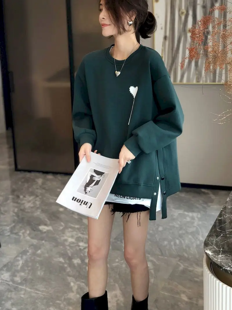 Design Sense Breasted Pullovers Women Loose Oversized Sweatshirts Autumn Winter Trend Casual Plush Thicken Pullover Y2k Clothes