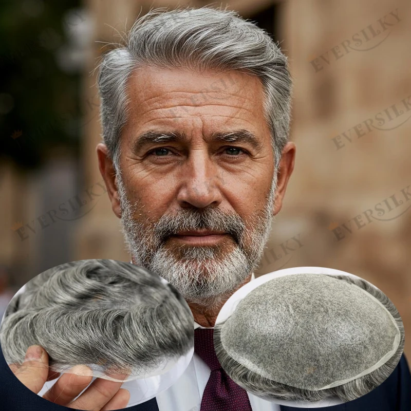 

Натуральный парик-накладка для мужчин с седыми волосами, 90% плотность, легкий, 100% натуральные человеческие волосы, ультратонкая основа из микрофибры 0.03 мм, система замещения волос