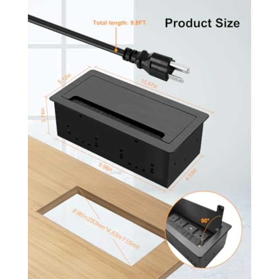 Conference Table Hub Power Outlet with 3 AC Power Outlets and USB Fast Charging 9.8FT Power Cord Embedded Outlets Heavy-Duty De