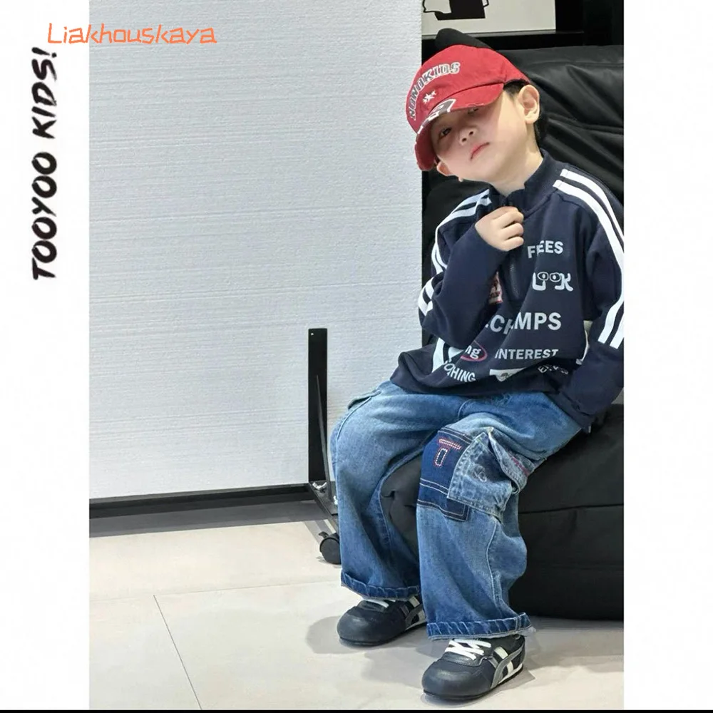 2026 New Korean Kids 2-7Y Stand Collar Sweatshirt Cargo Pants 2Pcs Set Spring Blue Casual Children Outerwear Tracksuit For Boys