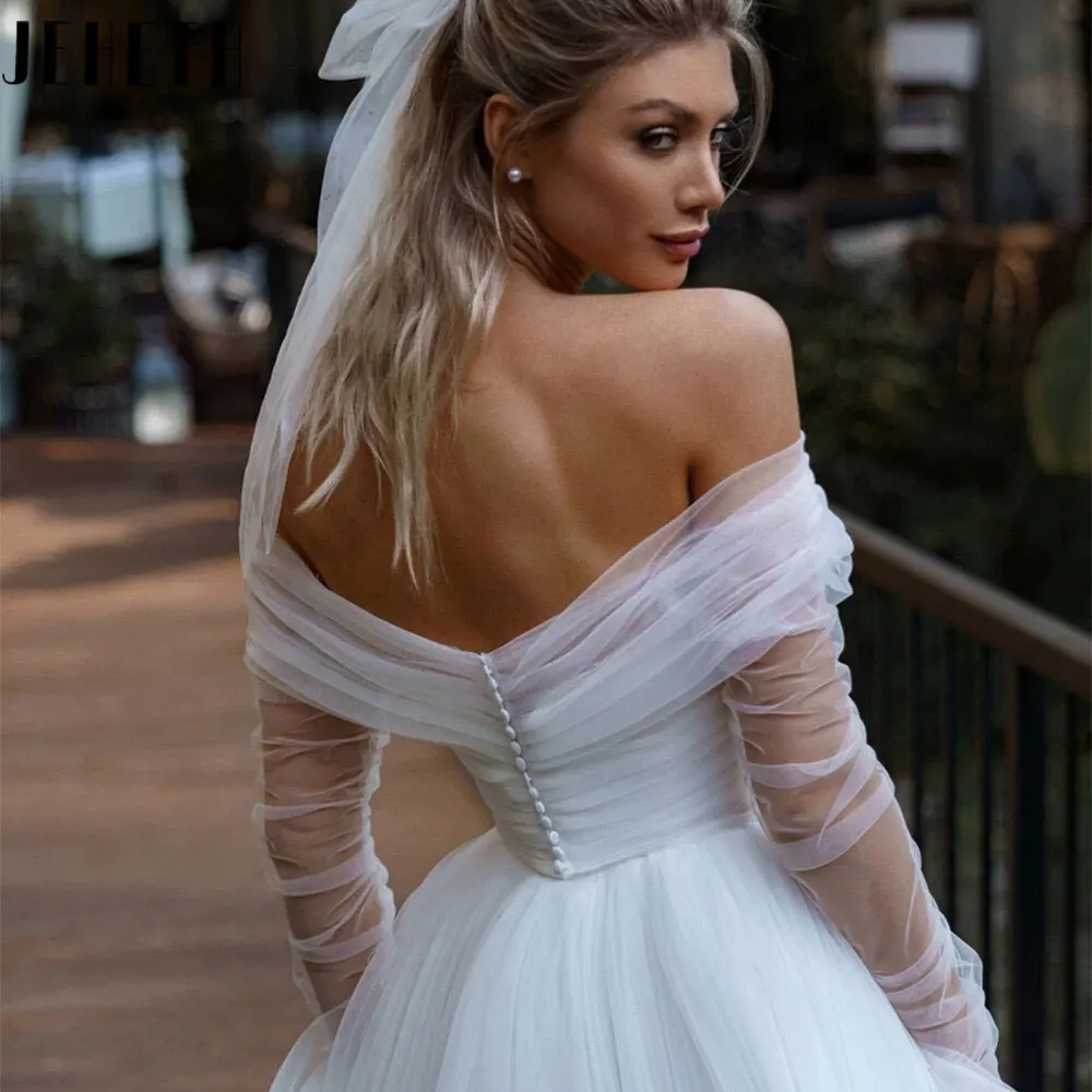 JEHETH Boho Tulle Long Sleevee Wedding Dress 2024 Princess Off Shoulder Backless Bridal Gown A-Line Vestido De Novia Custom Made