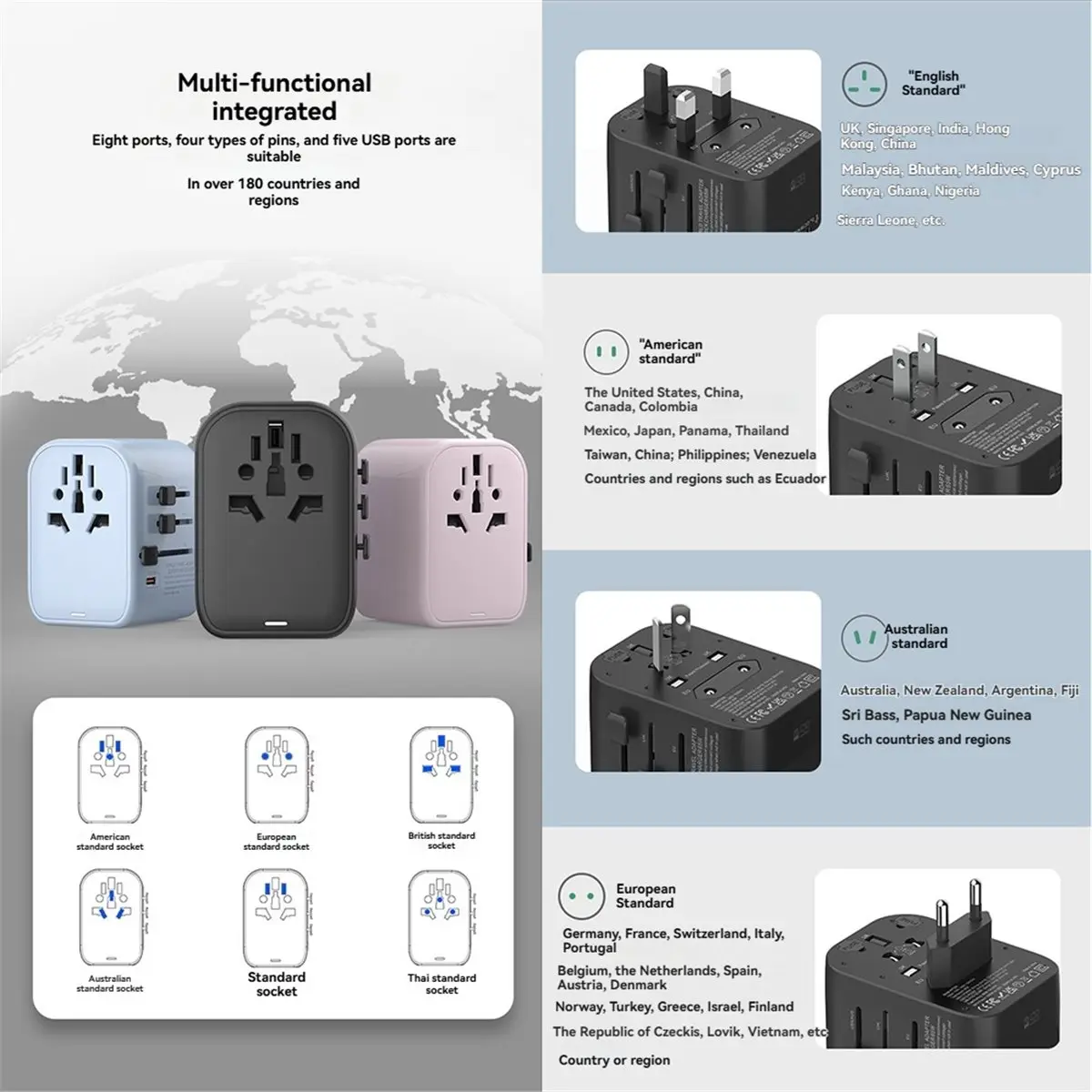 

GaN65W International Travel Adapter with 2USB 3 Type C GaN Fast Charging Adapter with EU AU US UK Plug for Travel Black