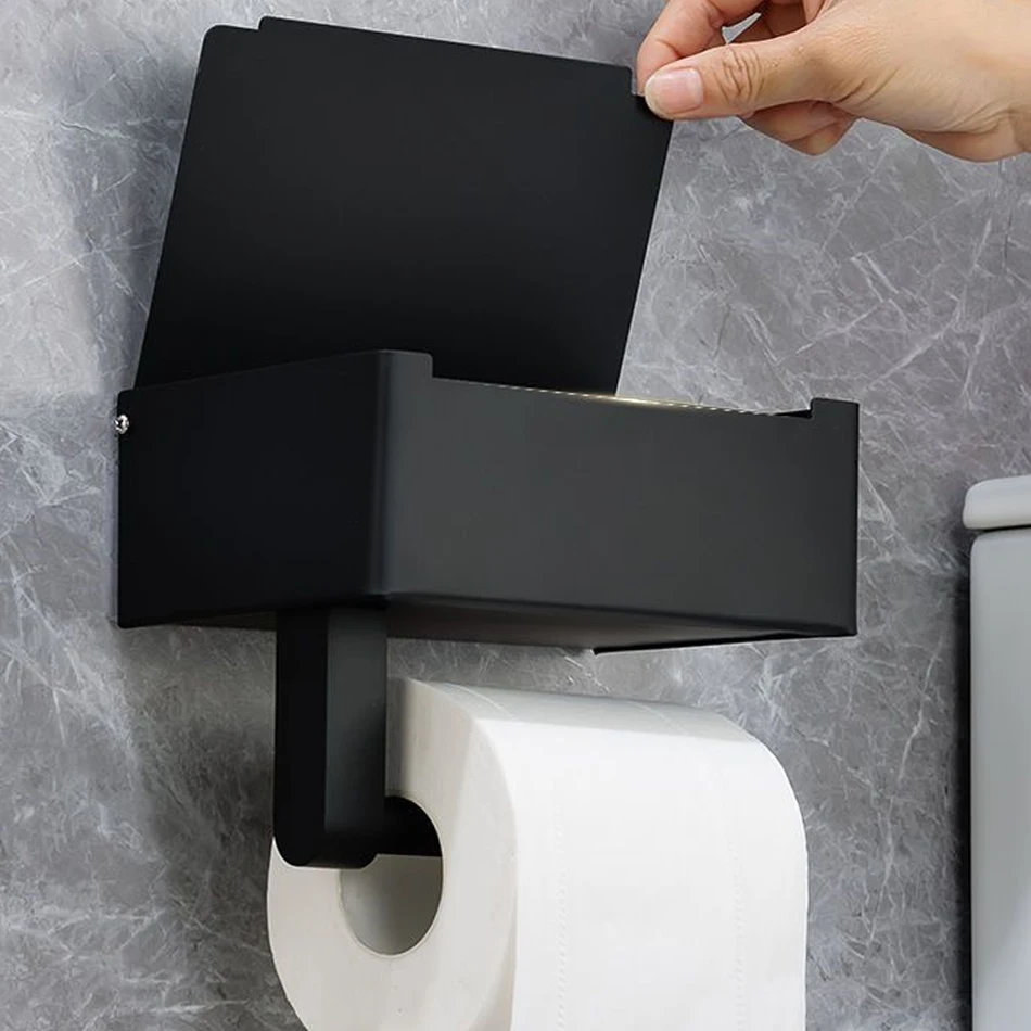 Toilet Paper Holder with Shelf Black Stainless Steel Bathroom Kitchen WC Paper Towel Holder Box Storage Rack Tissue Roll Hanger