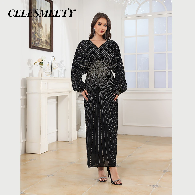 Luxury Royal Style Computer Glitter Beaded Embroidered Ball Evening Dress, Elegant Black Striped Chiffon Bat Sleeve Dress