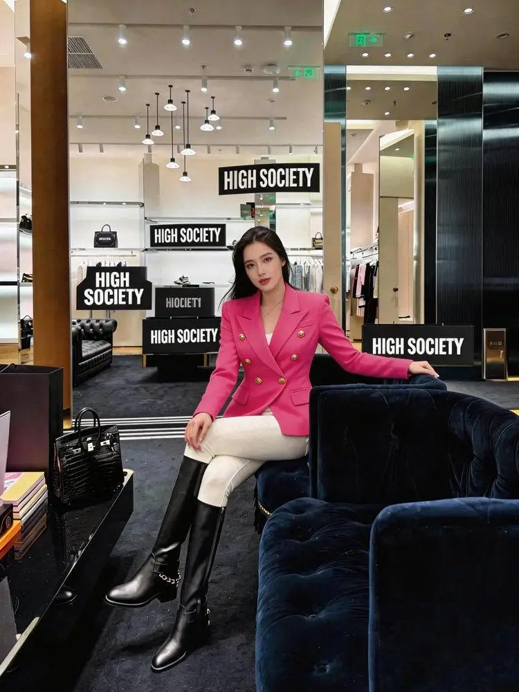 Elegant Casual Linen  Women's Pink Suit Jacket Commute Style Button Pocket Detail Long Sleeve Pure Color A6814