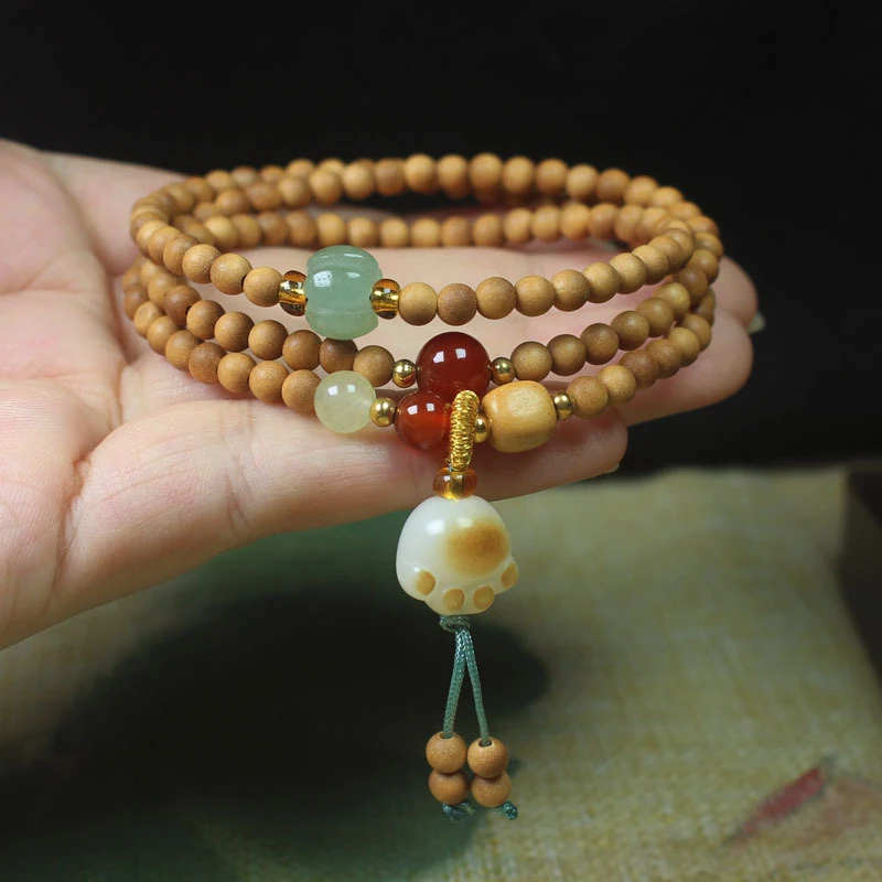 

Babbi Sandalwood 4mm Multi-loop Bracelet with Charcoal Burn Cat Claw Pendant, Forest Style Unisex Craft Buddhist Beads