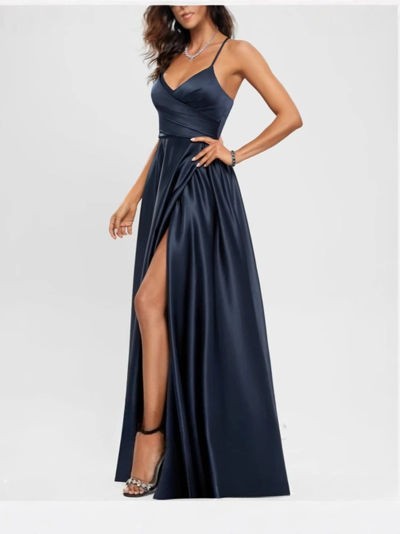 Classic Spaghetti Straps Side Split Back Lace Up Satin Long Bridesmaid Dress view 6