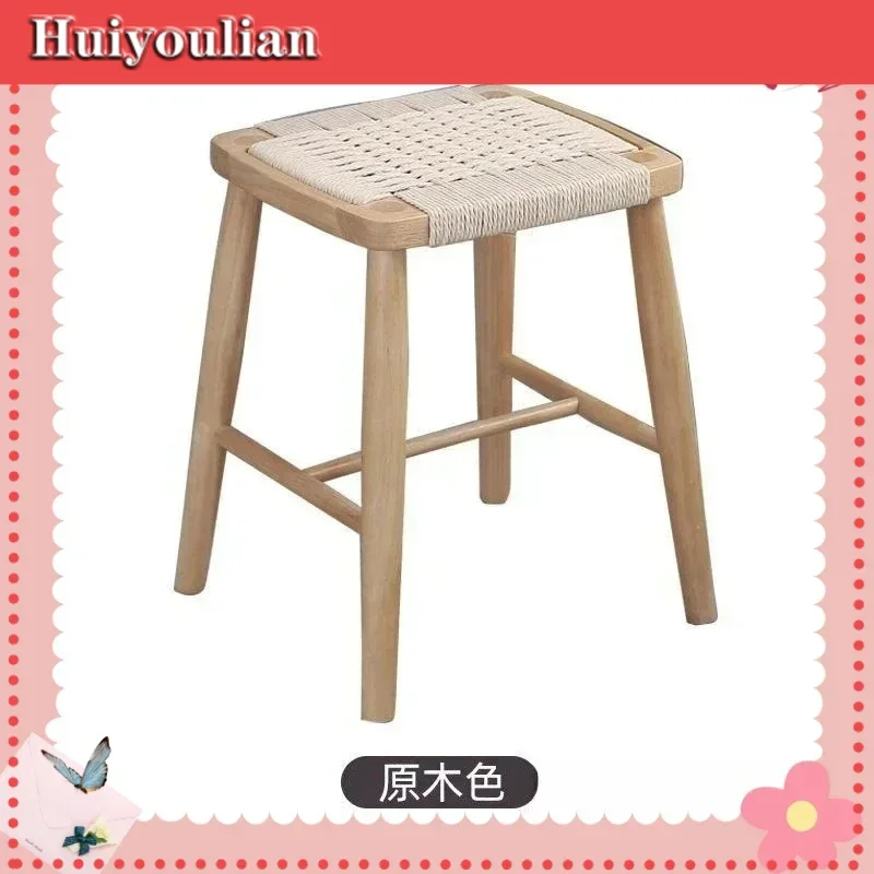 For Dressing Vanity Bedroom Footstool Solid Wood Stool Rubberwood Woven Seat Small Ottoman -LBW001