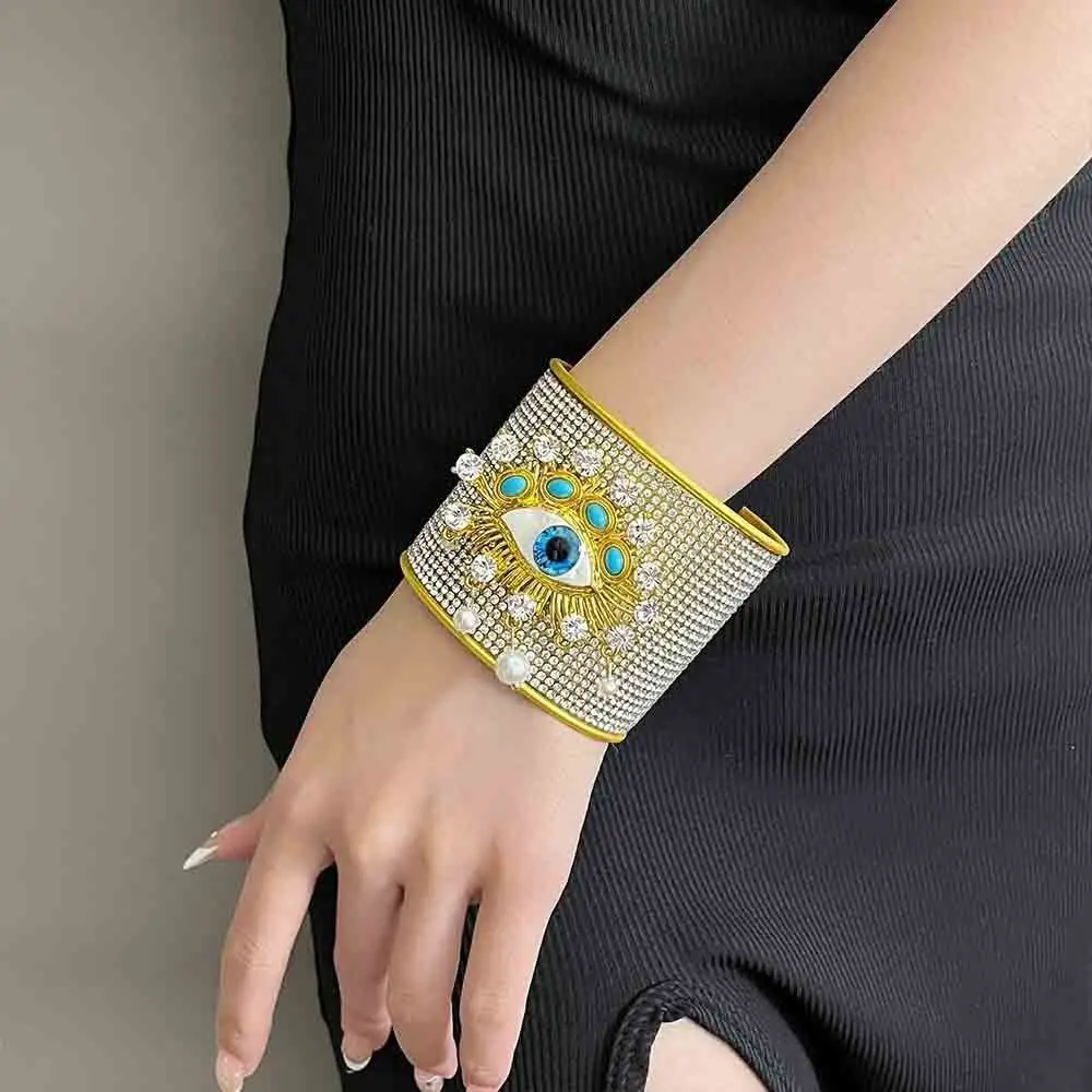 Metal Exaggerated Wide Open Bangle Alloy Full Rhinestone Demon's Eye Bracelets Silver Punk Geometric Cuff Bangles