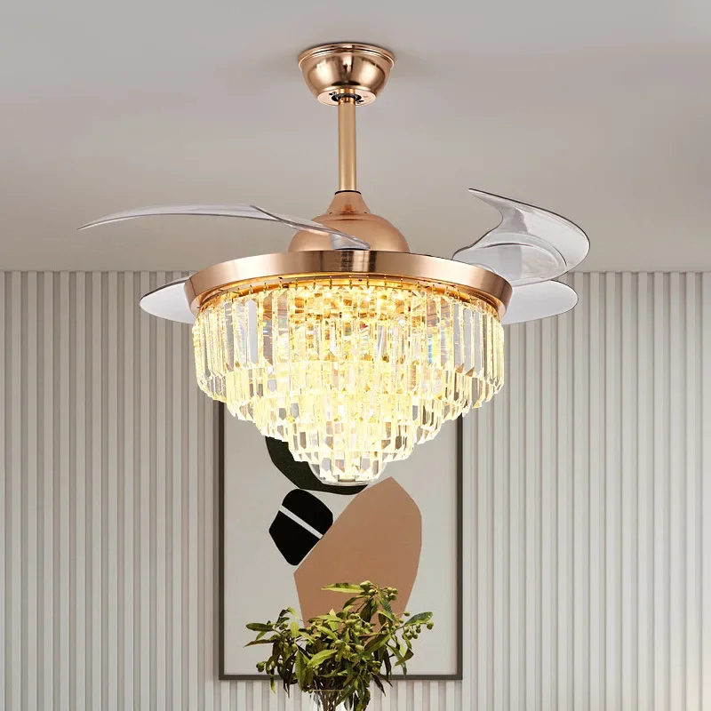 Crystal fan light dining room ceiling fan light living room light luxury postmodern stealth fan chandelier ceiling