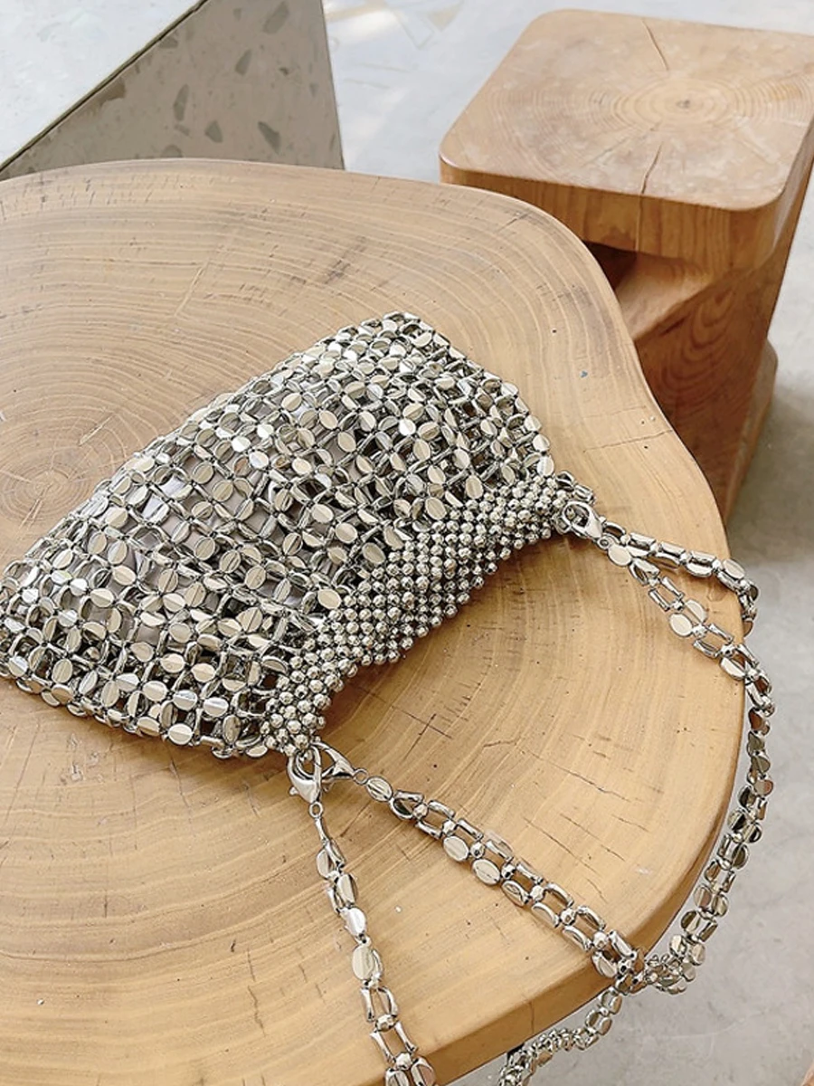 Metal Woven Shiny Square Bag Top Handle Portable Handbag Hollow Out Fashion Clutch Bag