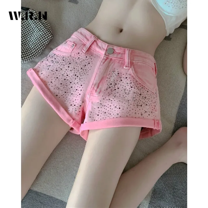 

Women's Harajuku Hotsweet High Waist 2000S Pink Denim Shorts Fashion Trashy Casual Sexy Slim Fit Y2K Street Sequins Jean Short