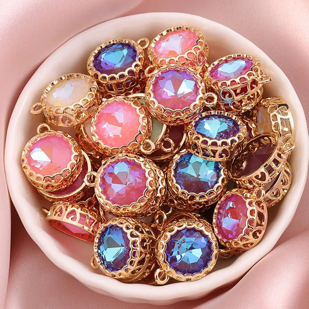 5pcs Round Glass Charms AB Color Crystal Bead Copper Frame Pendants for Handmade Earrings DIY Jewelry Making Components Supplies