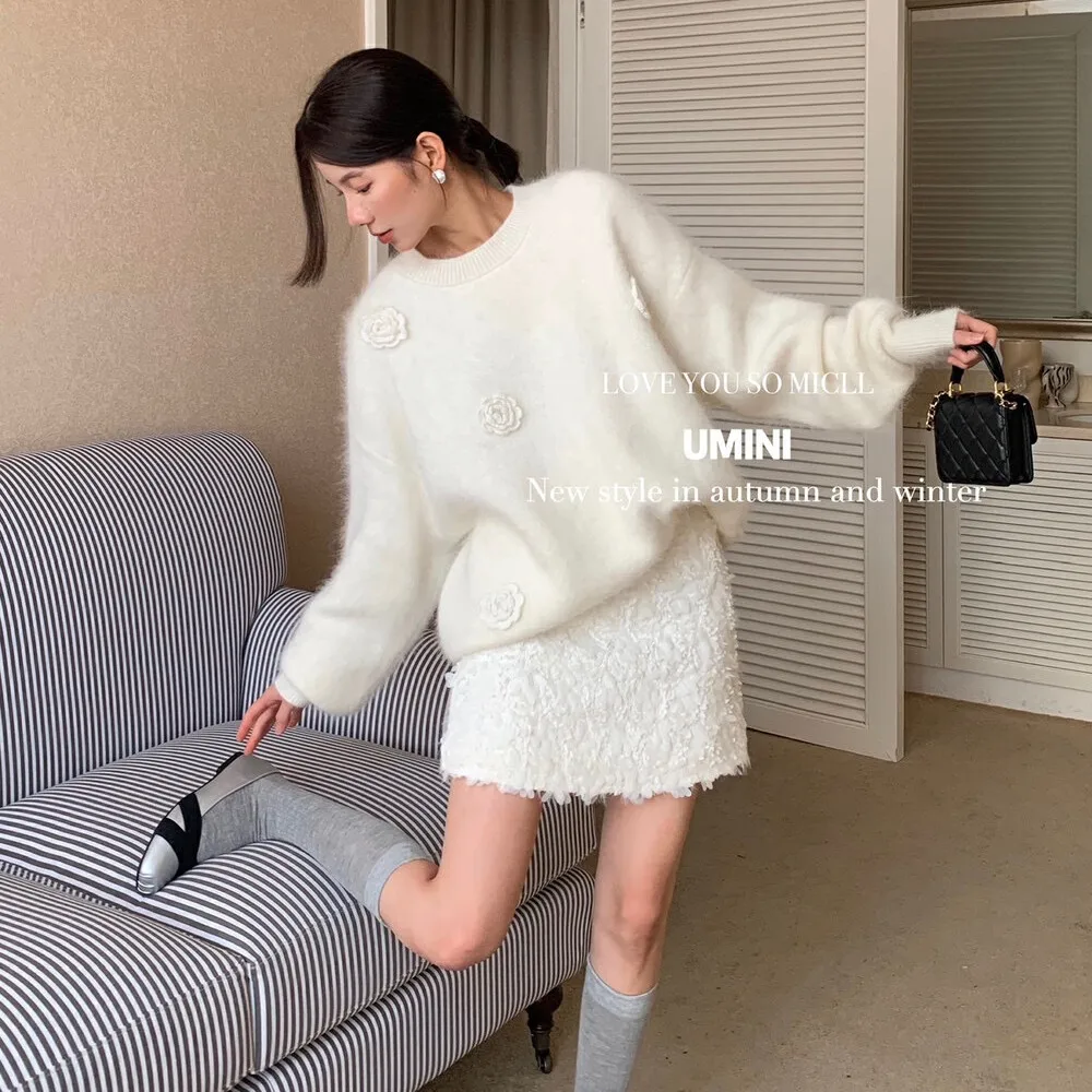 2024 Women\'s Spring Fall High Waist A-Line White Sequin Skirt