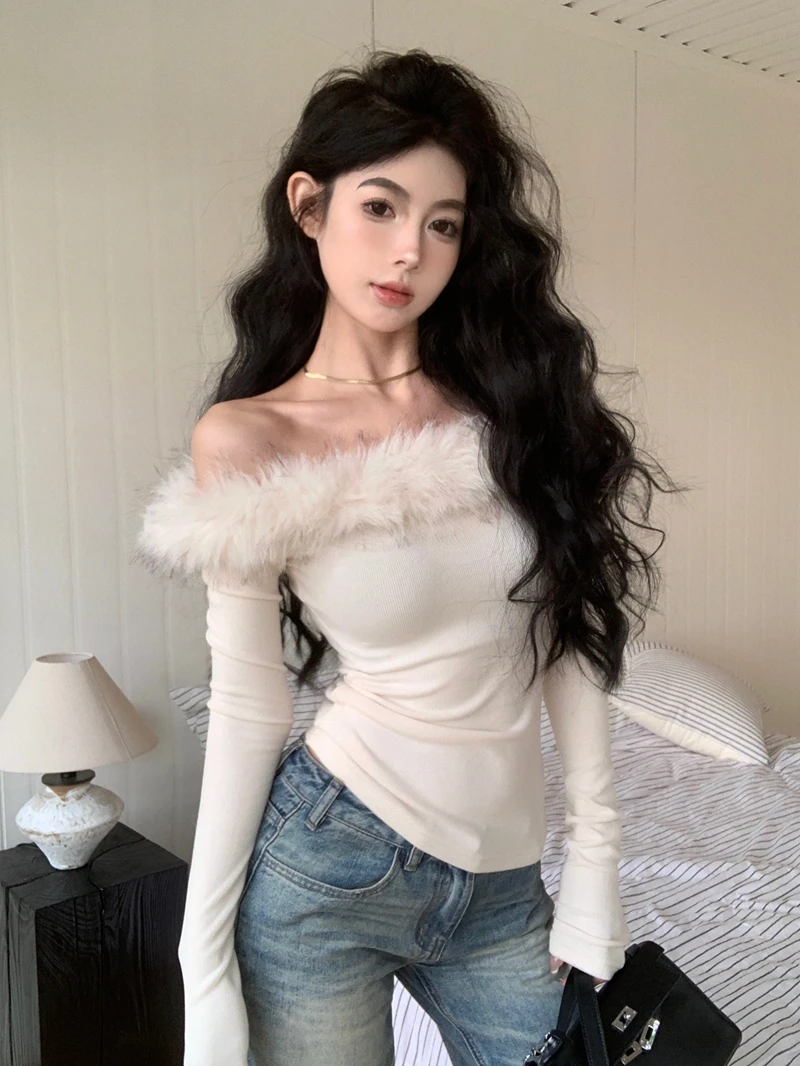 Fur Collar Off-the-shoulder Velvet Sexy Chic Women Shirt Autumn Spring Long-sleeved Slim Cropped Tops Y2k Party Club 2025 Spring