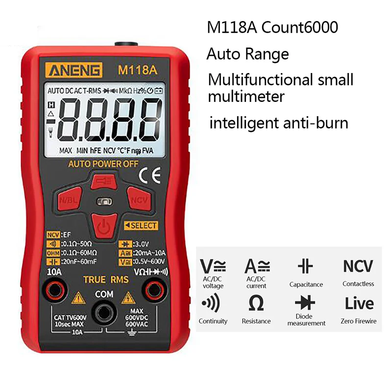 Multimetro digitale multifunzionale ANENG M118A Tester AC/DC portatile Mini misuratore di resistenza RMS