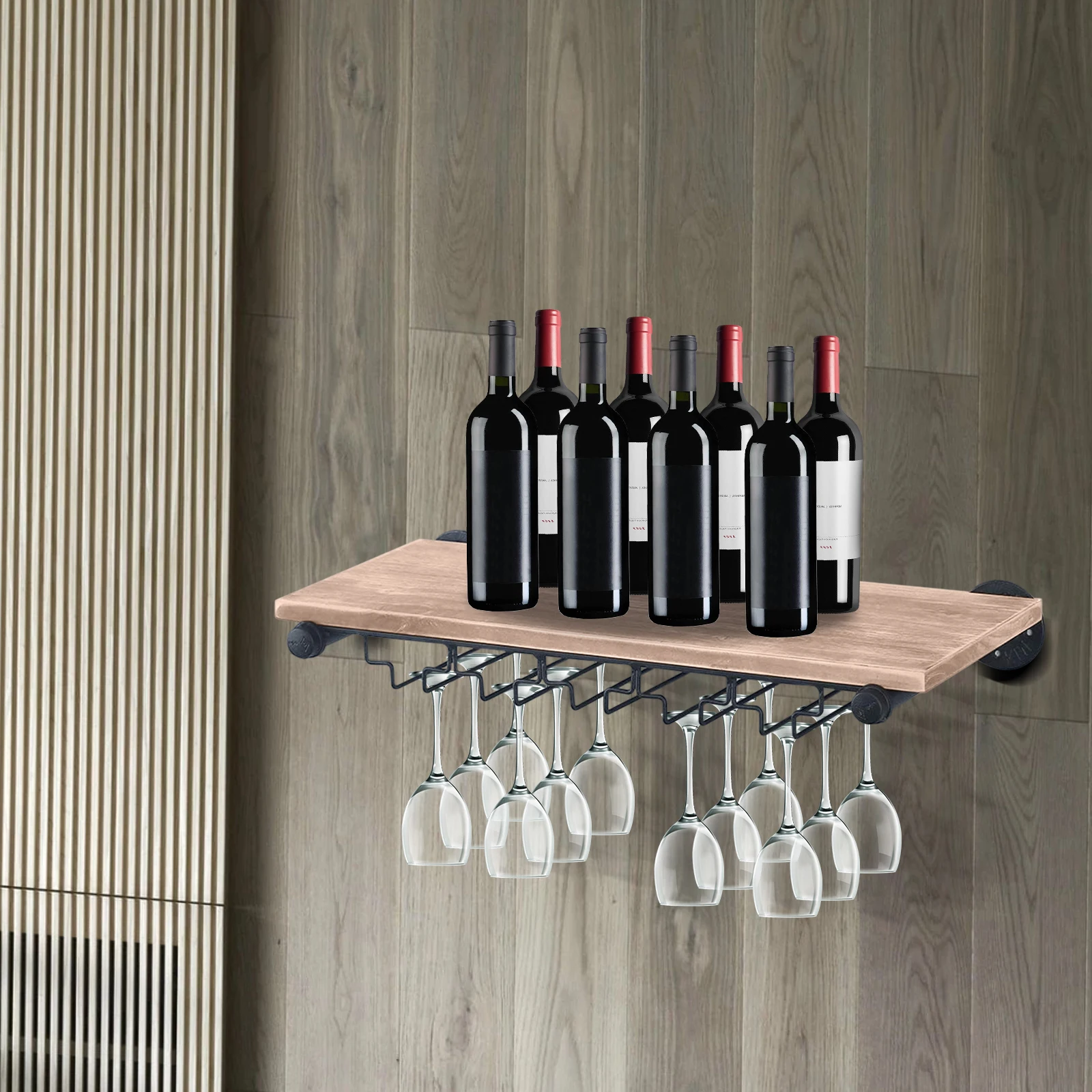 Wandmontiertes Weinregal 24x9,8 Zoll aus Kiefernholz & Eisen Weinlager-Displayregal mit Aufhängebügel für Gläser – Detail 1