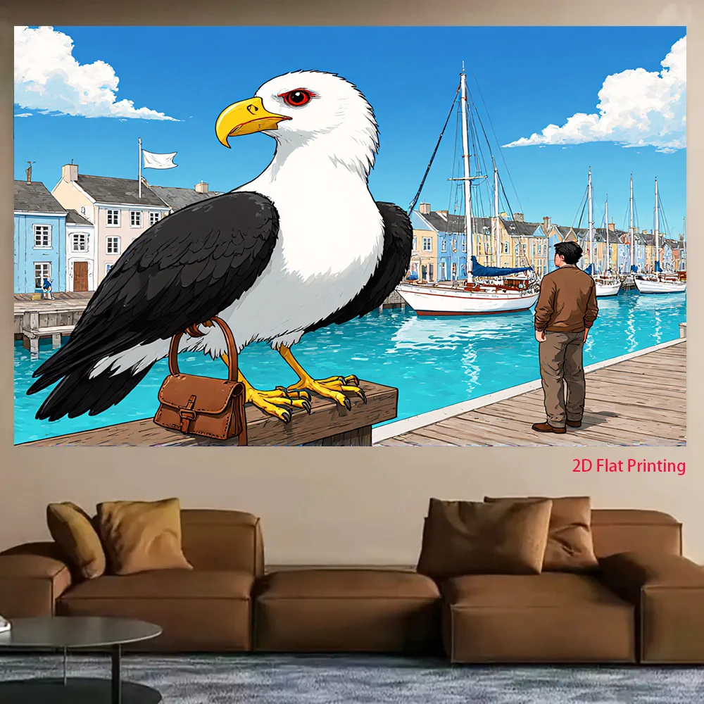 Giant Eagle Seaport Tapestry, Anime Style Harbor Wall Hanging, Cool Bird Art Decor for Living Room Bedroom Dorm