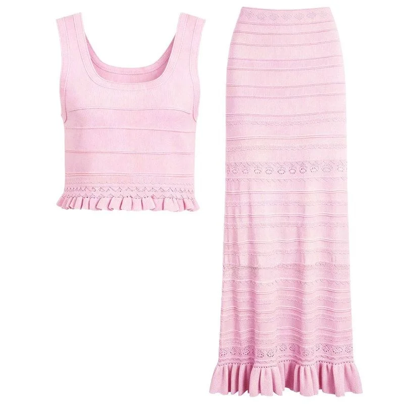 High Quality Elegant Style Summer New Wooden  Sleeveless Knitted Vest Top And Midi Skirt Set Women's Fashion Ensemble