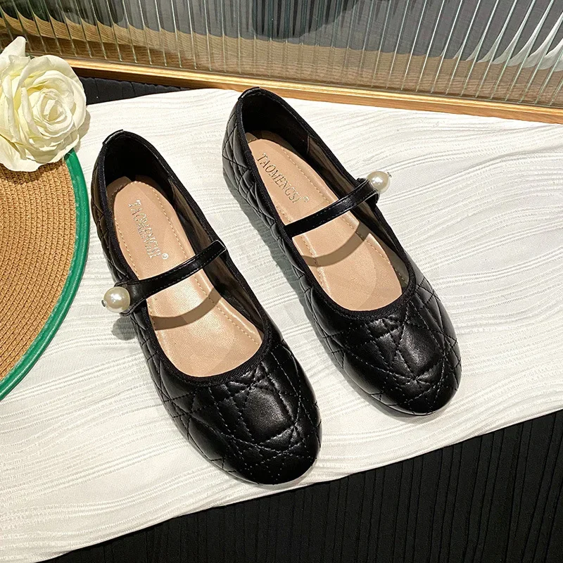 

Spring Autumn New Luxury Femme Concise Design Pearl Buckle Strap Women Shoes Round Toe Shallow Flats Fotwear Zapatos De Mujer