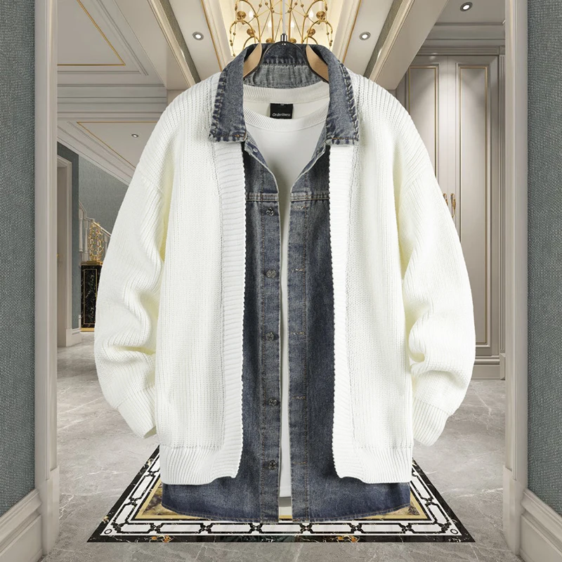 Conjunto de suéter cárdigan de punto informal para hombre, ropa de abrigo a la moda para primavera y otoño, suéter vaquero falso de dos piezas con diseño y2k