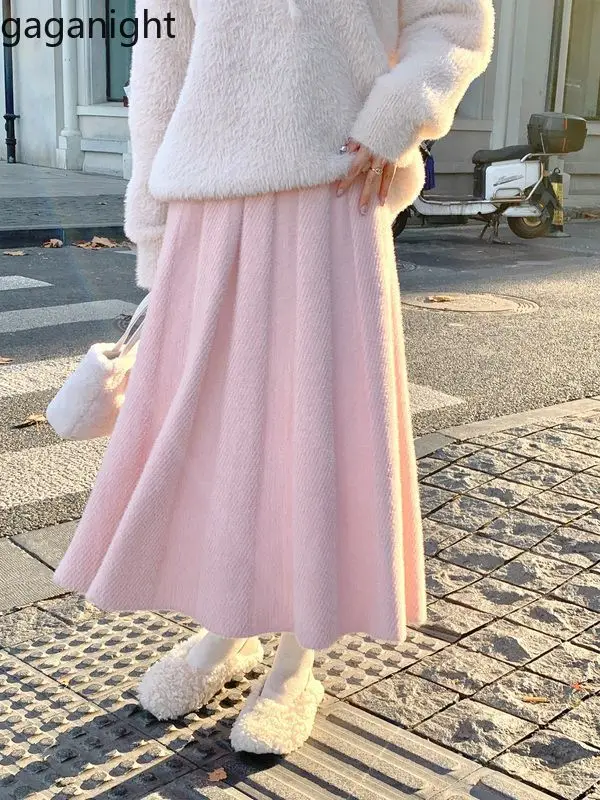 Gaganight Women Korean Chic Imitation Mink Wool Knitted Skirt 2024 Autumn New Temperament Mid Length High Waist A Line Skirt