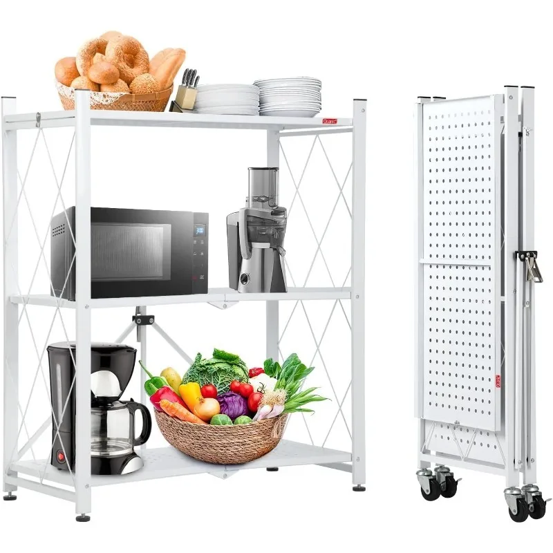 

3-Shelf Foldable Storage Shelves with Wheels, Large Capacity Shelving Unit, Freestanding Metal Wire Shelf Rack