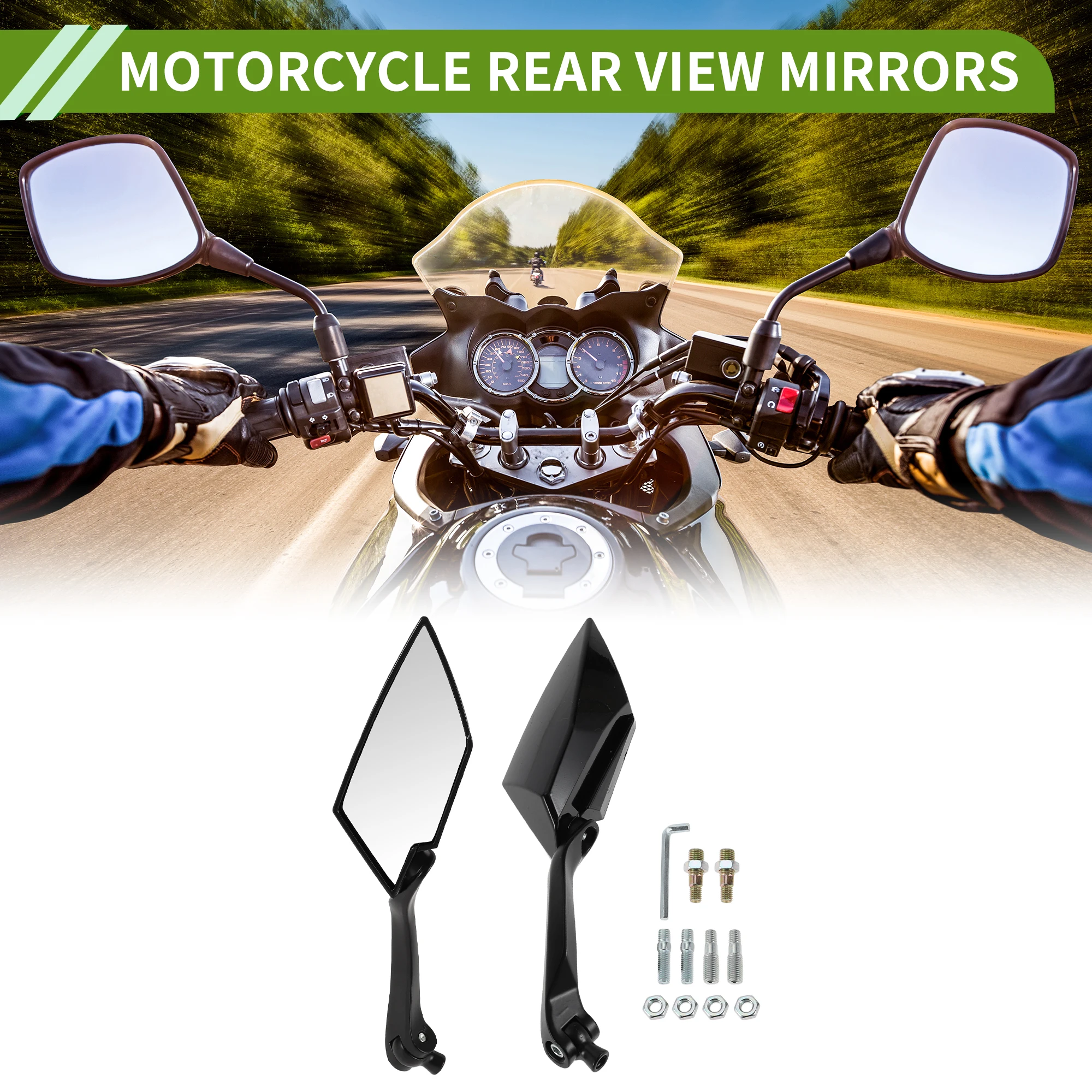 Motoforti M8/M10 Motorcycle Rear View Mirror Prismatic Shape Black Aluminum Plastic 1 Set