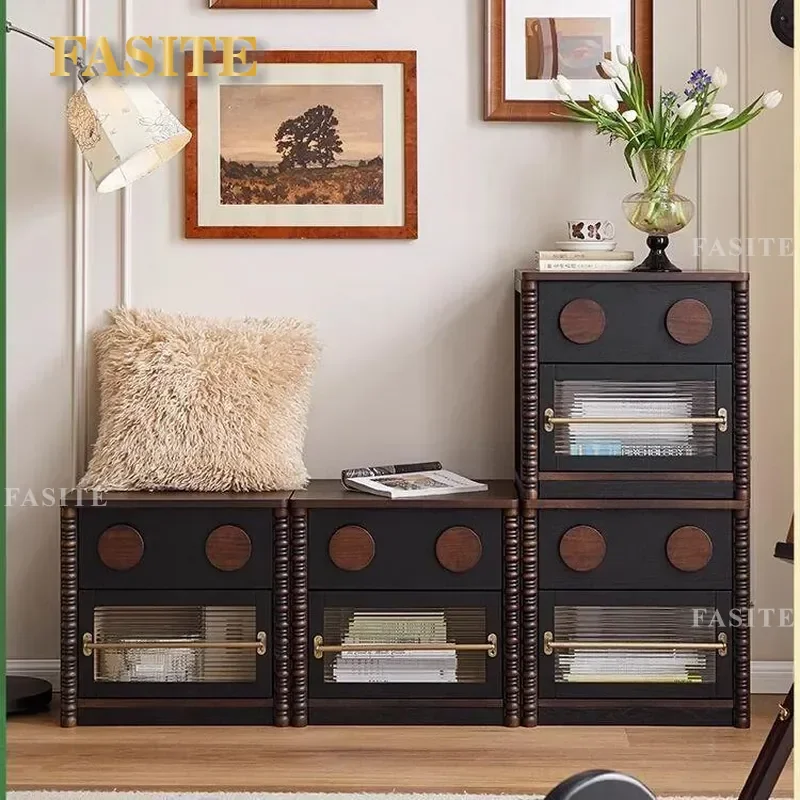 For French Retro Solid Wood TV Cabinet Bedroom Bedside Table Storage Card Cabinet Household Furniture Multi-functional