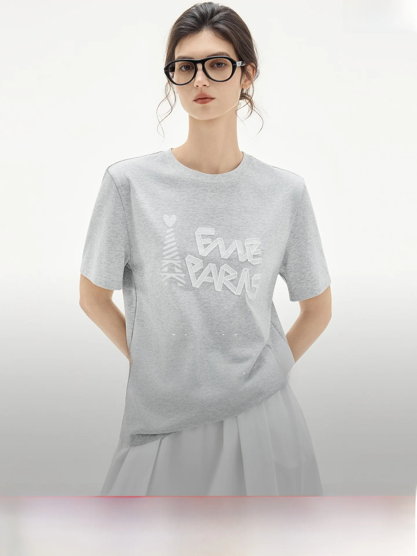 

Elle Design Sense Letter Print T-Shirt Women's Summer New Loose Commute Fashion Short Sleeve Cotton Pure Color round Neck