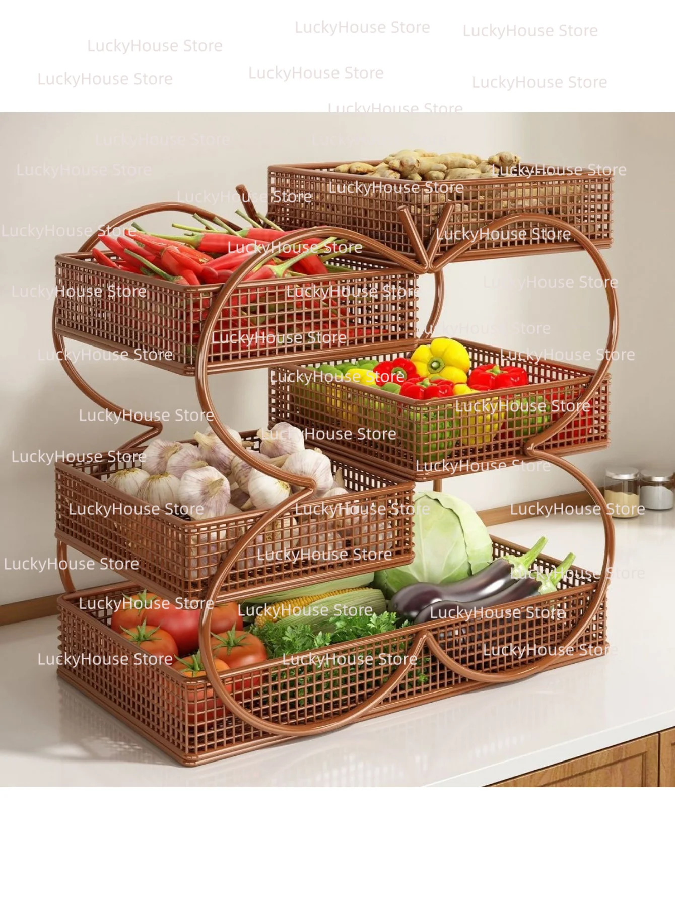 No Assembly 2-Tier Iron Vegetable Storage Basket, Kitchen Countertop Fruit & Veg Drain Basket, Multi-purpose Sundries Organizer