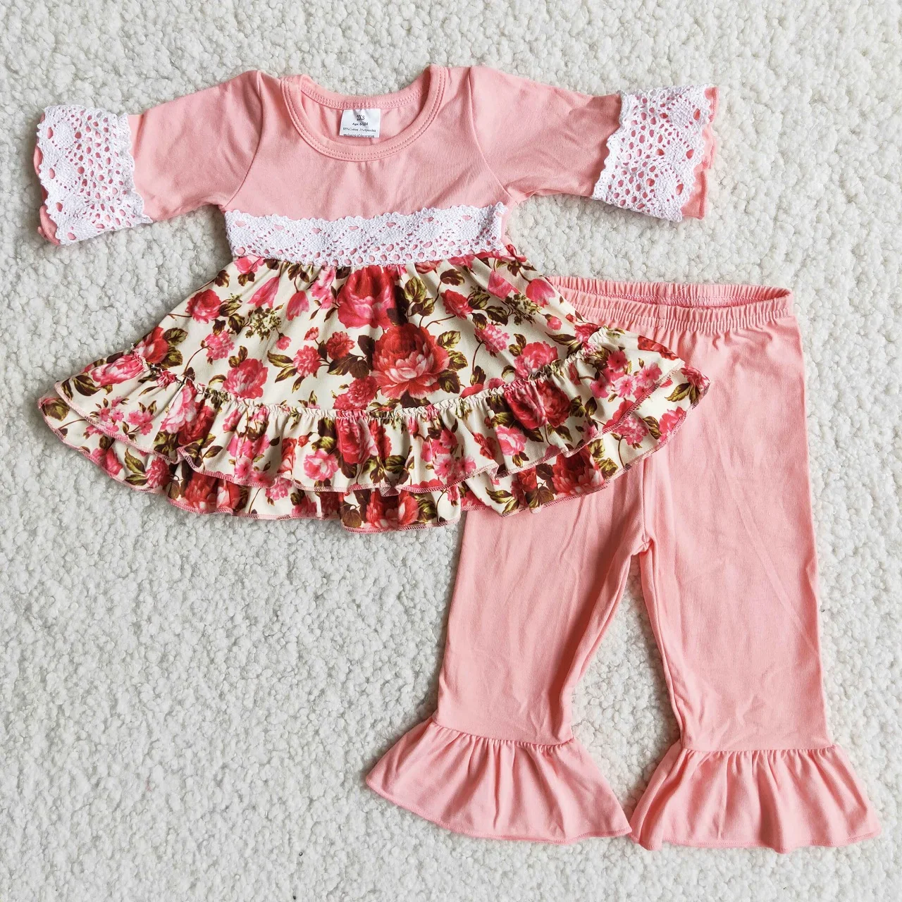 Promotion Baby Girls Short Sleeves Clothes Floral Shirt Ruffle Pink Cotton Pants Clothes Children Kids Flower Outfits