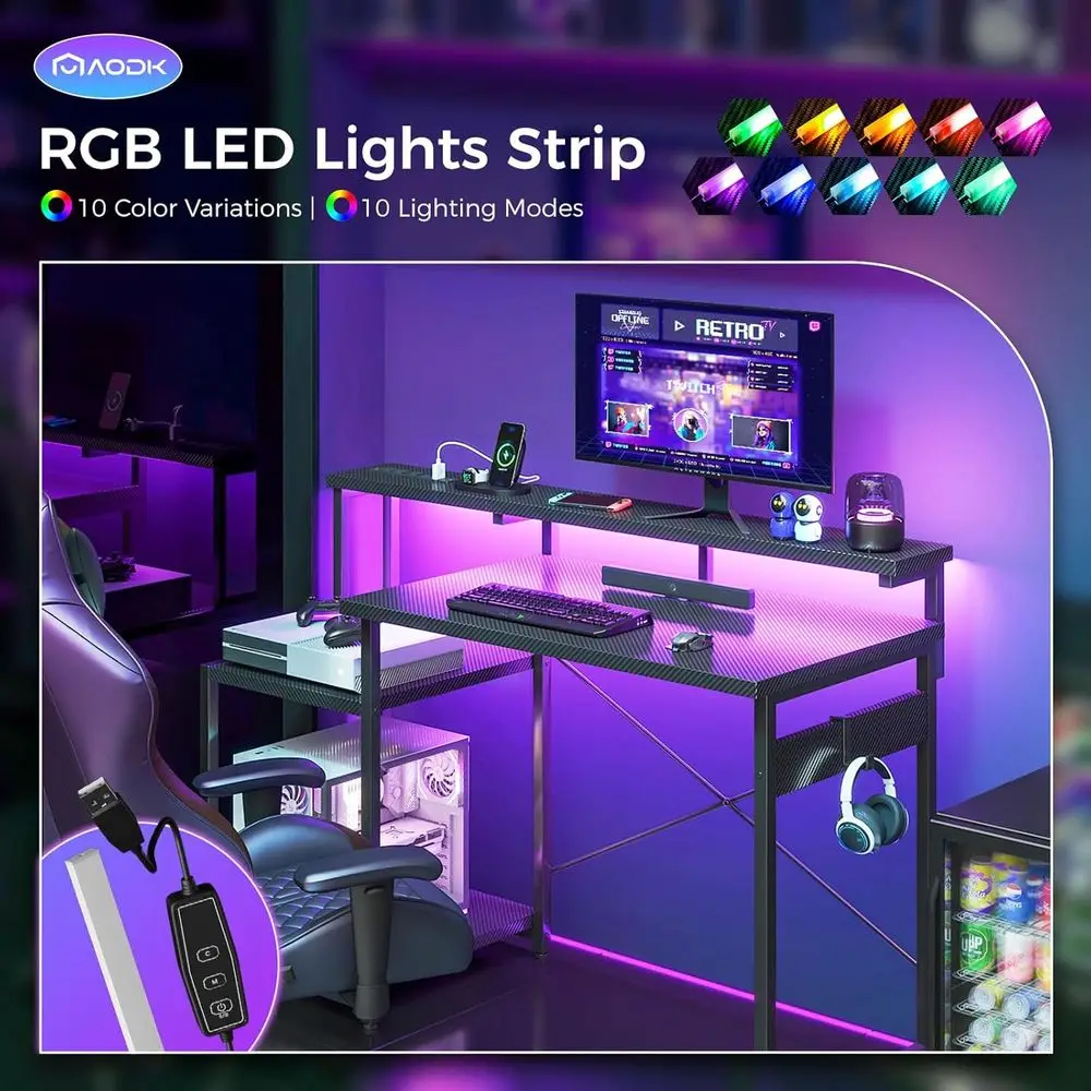 48 Carbon Fiber Gaming Desk with LED Lights, Power Outlet, Storage, and Monitor Shelf