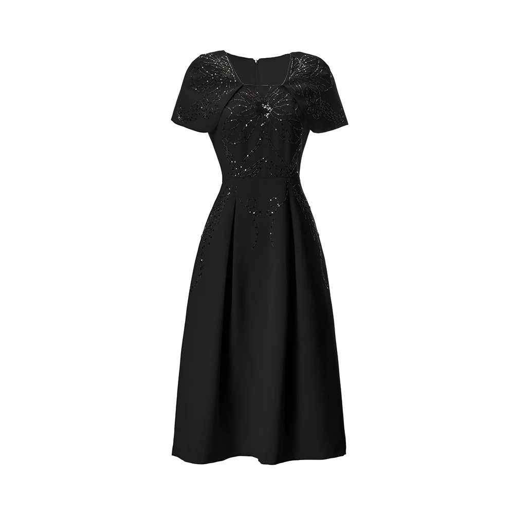 

Meyyithun Women's Dress Short Sleeve Black Beaded Embroider Fashionable Dresses Lady Dress Party
