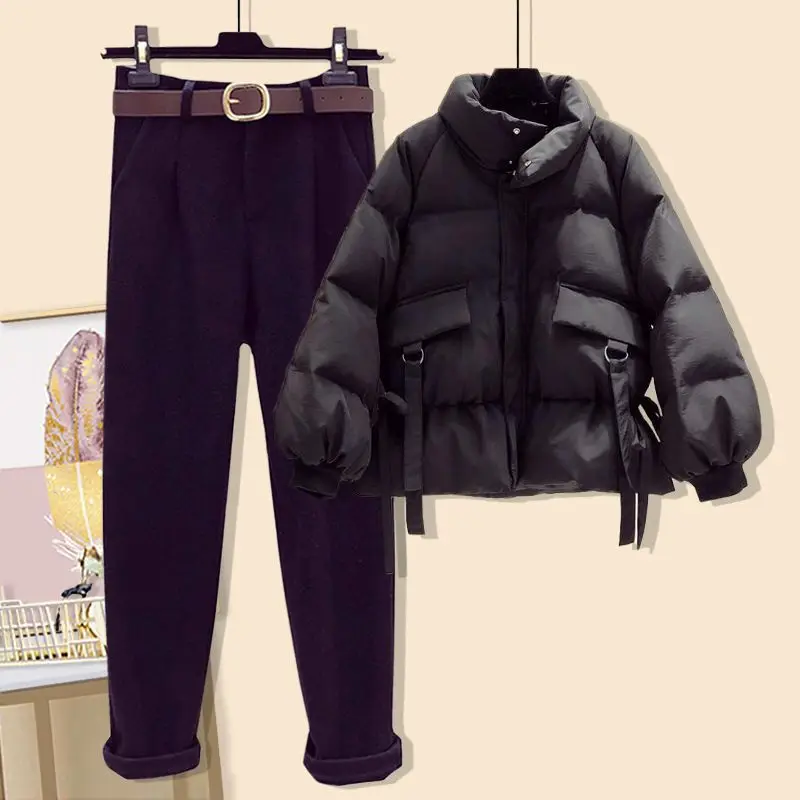 Winter Women Warm Tracketsuit Female Fashion Suit quilted Jacket +Diamond Sweater Top And Woolen Pant Three Pieces Set Outwear