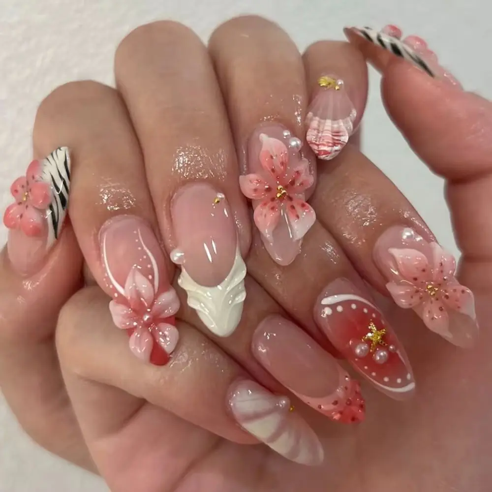 

3D Pink Flowers Metal Bead Pearl Wearable Nail Art French Zebra Pattern False Nail Detachable Finished Fake Nails Press on Nails