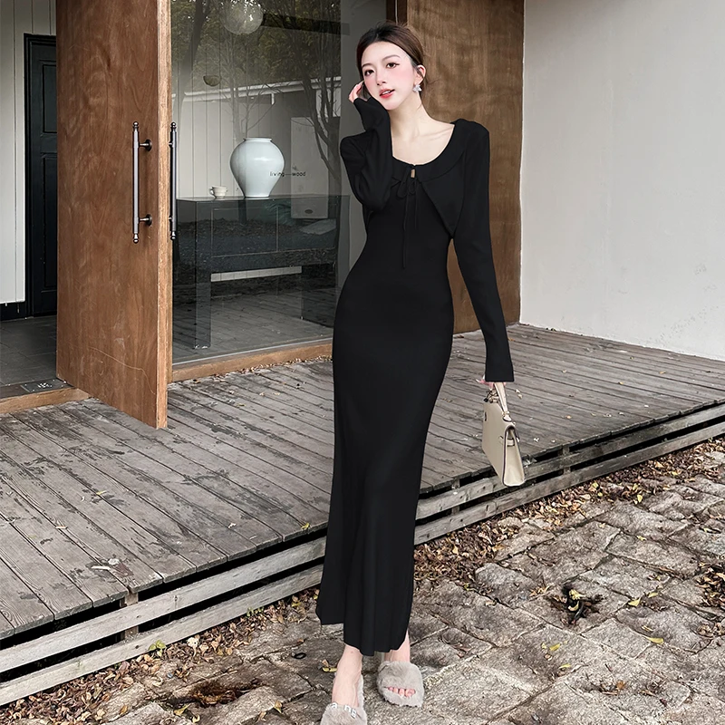 Nieuwe Herfst En Winter Zachte Stijl Modieuze Elegante Slanke Jarreteljurk + Gebreid Vest Pak 2-delige Sets Damesoutfits