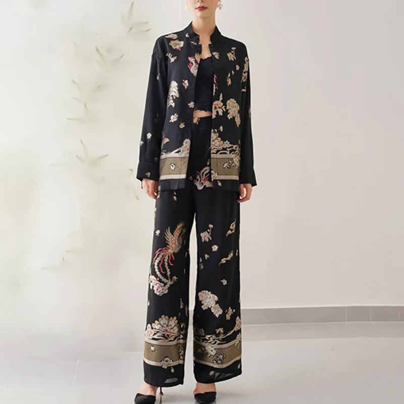 Summer New Woman High end Silk + Cotton Phoenix Jacquard Small Standing Neck Long sleeved Coat+Wide Leg Pants 2-piece Set M-XXL