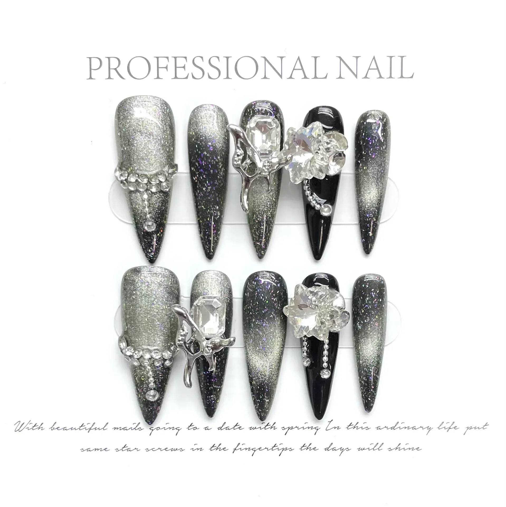 10Pcs Handmade Press on Nails Full Cover Glitter Rhinestone Retro Dark French Long Almond Cat Eye False Nails Wearable Manicure