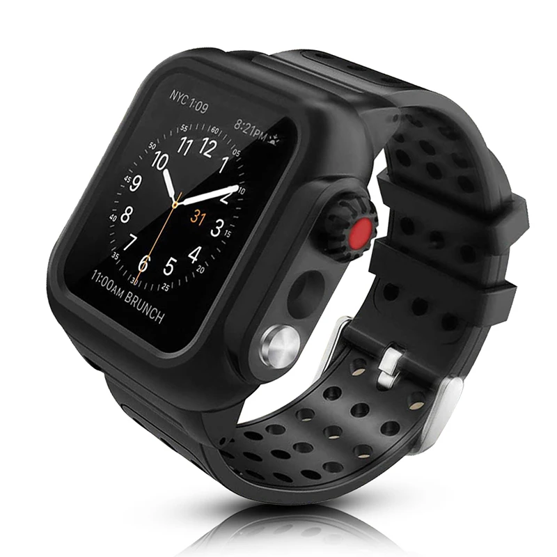 Black Sport Waterproof Case with Silicone Strap for Apple Watch SE Band Series 6 5 4 3 Cover for iWatch 40mm 44mm 38mm 42mm