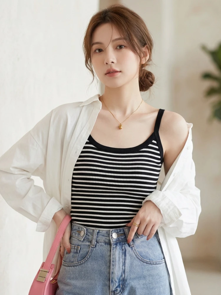 Harajuku Streetwear Knit Suspenders Tank Top 2026 Stripe Aesthetic Y2K Crop Tops Short Sleevle Vest Tees Women Clothes