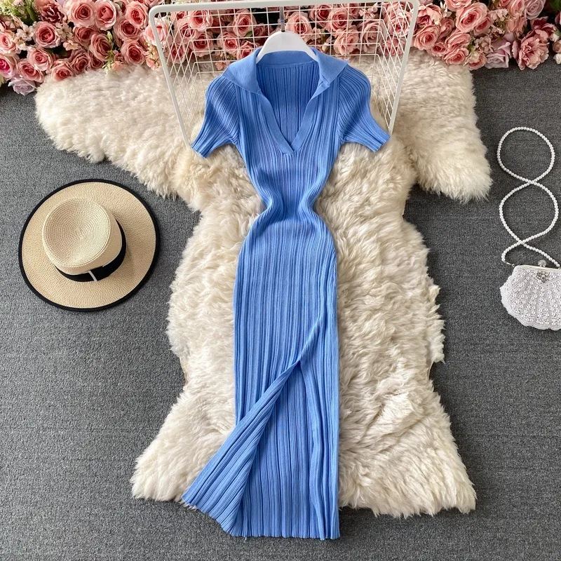 YuooMuoo Chic Fashion Dzianinowa sukienka letnia z rozcięciem w prążki Koreańska sukienka polo Slim Elastyczna sukienka damska Streetwear Lady Vestidos