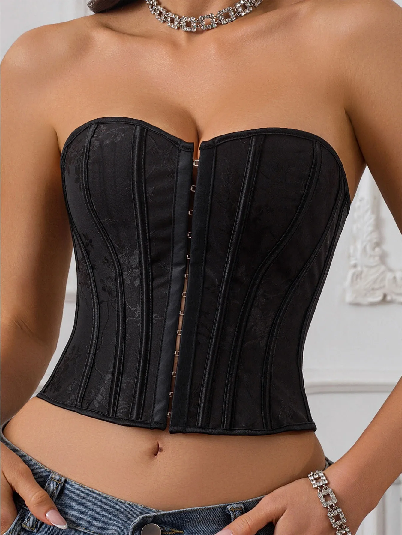 Vintage Court Style Black Pattern Corset Tops Women Slim Waist Shaping Bustier Elegant Outerwear Crop Top