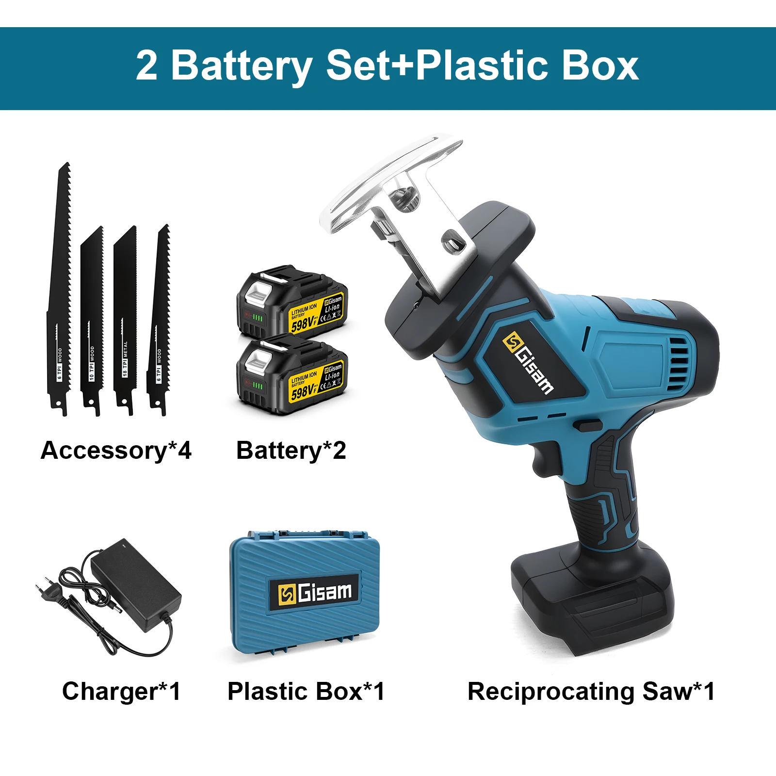 Gisam 12000Spm Bürstenlose Säbelsäge 3600W Kabellose Elektrische Kettensäge Holz- und Metallschneidewerkzeuge für Makita 18V Akku-Pins