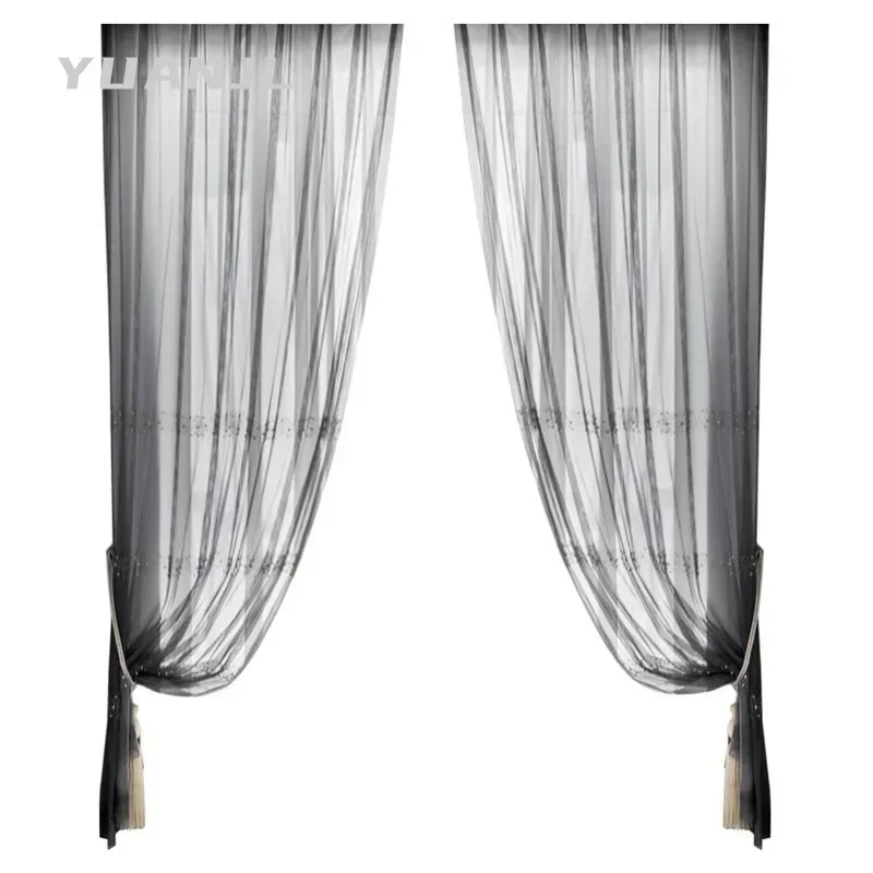 Europäische graue Tüll-Luxusvorhänge für Wohnzimmer, Schlafzimmer, moderne Perlenstickerei, wunderschönes, elegantes Fenster, individuell, Yarm Sheer