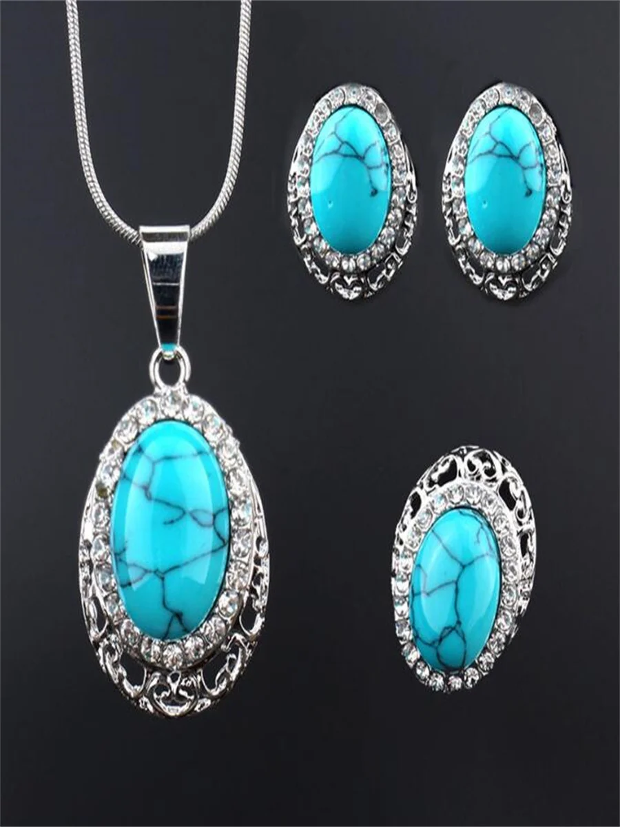 Blue turquoise snake bone chain earrings necklace ring set of three