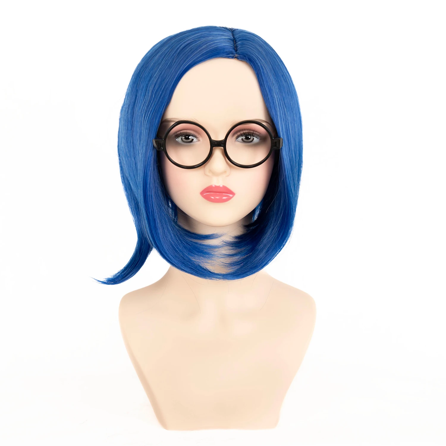 

Short Blue Bob Wig + Black Glasses + Wig Cap Blue Anime Emotion Cosplay Costume Wigs with Bangs Side Part Synthetic Hair