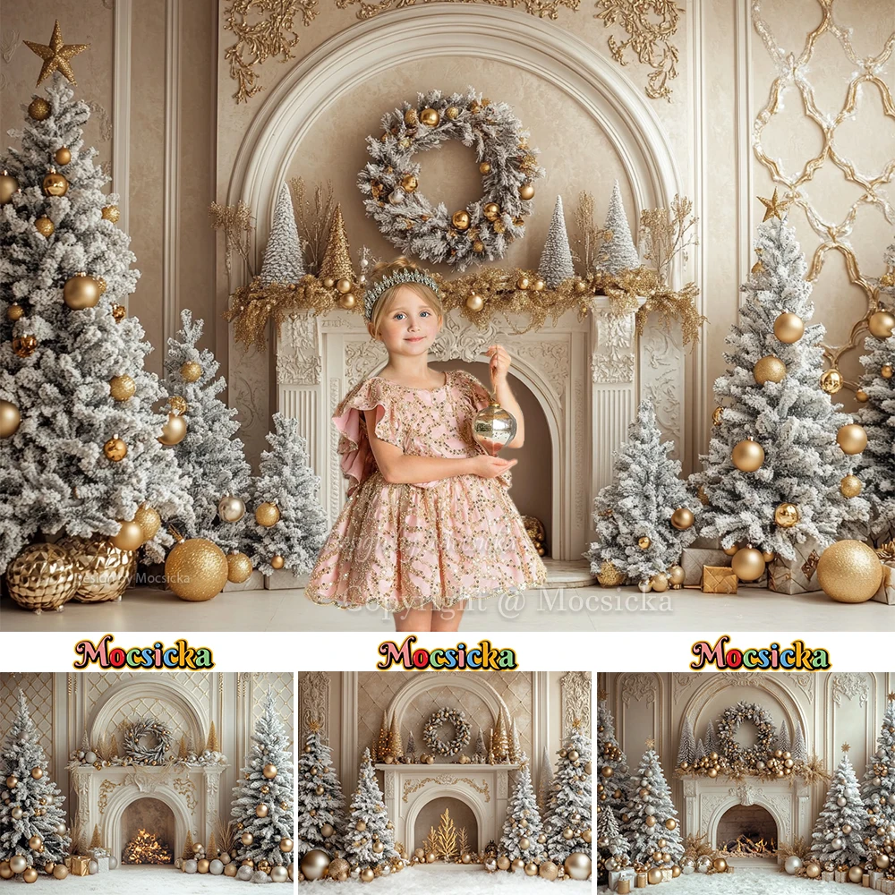 

Golden Christmas Fireplace Background Photography Vintage Wall Xmas Tree Backdrop Decor Winter Family Indoor Photo Studio Prop