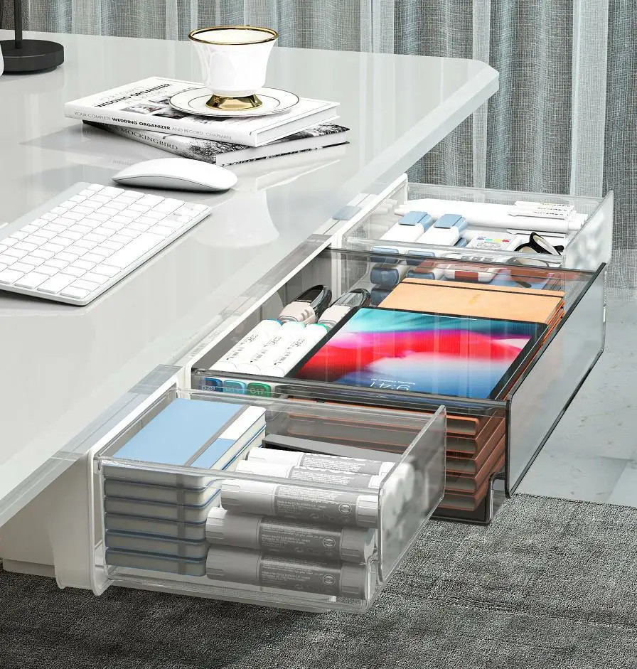 Office Storage Box Under Desk Hidden Drawer Clear Organizer Drawer Desk Supplies Holder Rack Memo Pen Stationery Storage Tray